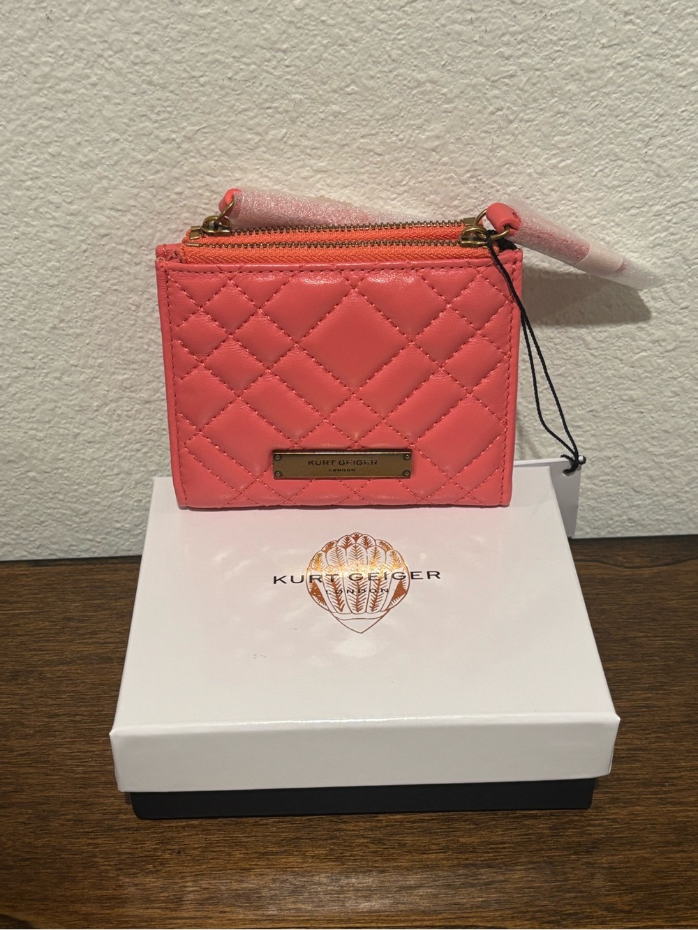 Kurt Geiger Coral Quilted Mini Wallet with Gold Hardware